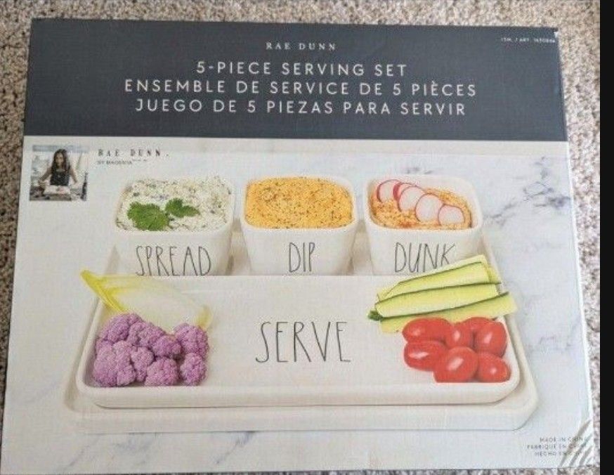 New Rae Dunn 5 Piece Serving Set 
Veggies and dip tray