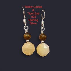 Yellow Calcite & Tiger Eye Genuine Stone .925 Sterling Silver Earrings