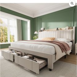 GarveeHome King Size Bed Frame with Storage Headboard, Upholstered Platform Beds with Drawers, Charging Station, Noise-Free, No Box Spring Needed, Eas