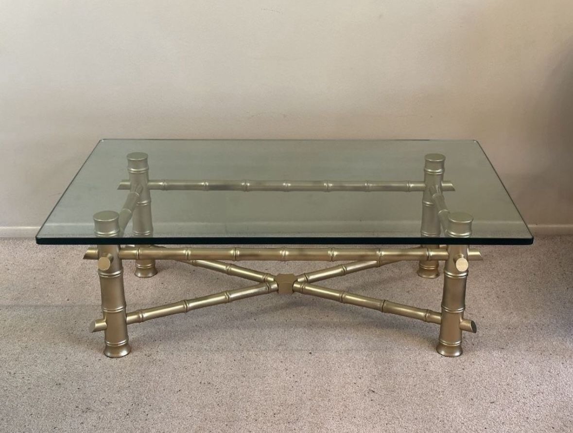 Antique Vintage Mid Century Modern Hollywood Regency Gold Glam Thick Faux Bamboo Base Glass Top Coffee Cocktail Table