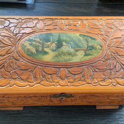 Antique Vintage Wooden Carved Cedar Box With Church Scene