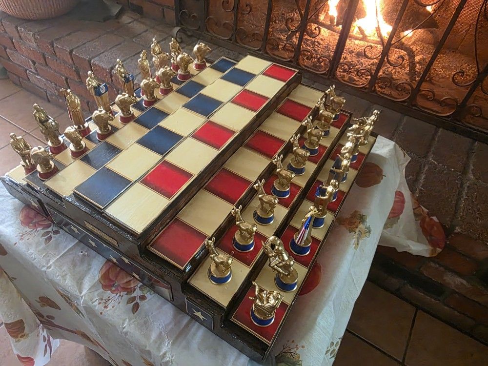 3 DIMENSIONAL CHESS BOARD WITH PIECES. POLITICAL BOARD