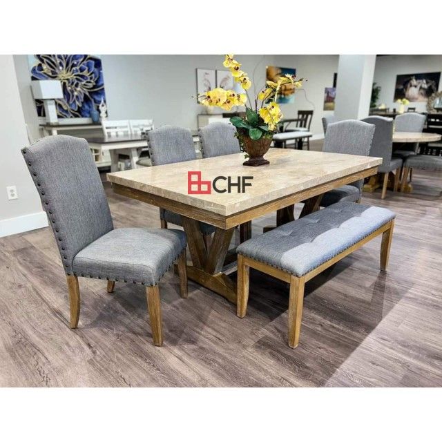 6 Pc  Marble Top Dining Table Set 