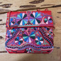 Hand Made Leather Embroidered Red Purse 