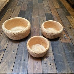 Vintage Set of 3 Bamboo Nesting Bowls Boho Plant Baskets