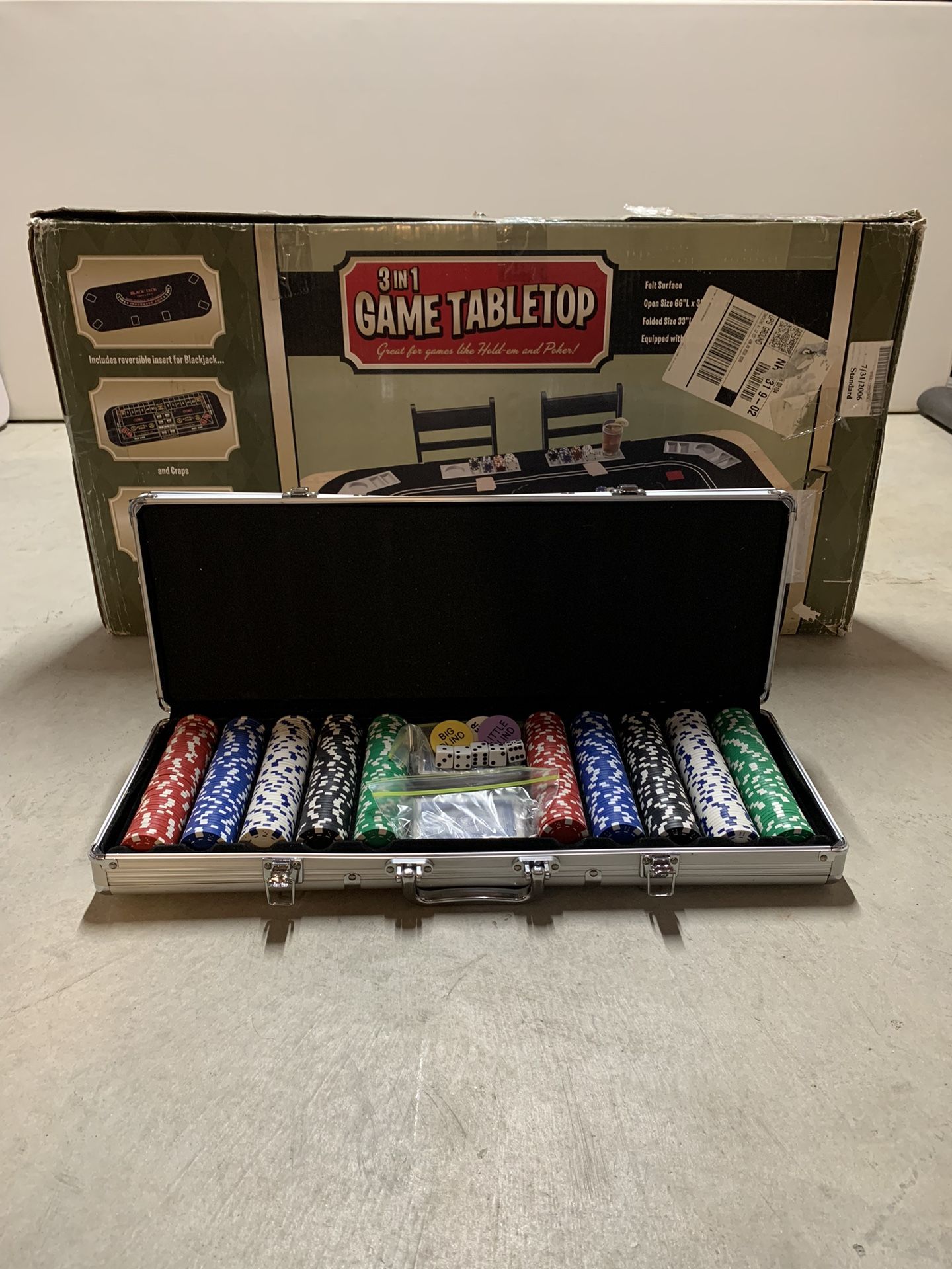 Poker Game Tabletop 3 in 1 Hold-em Felt Blackjack Craps 66" x 33" Chips Briefcase
