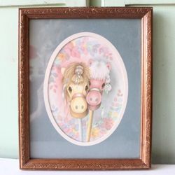Vintage 80s Cottage Pogo Pony Horse Floral Pastel Wall Art Homco