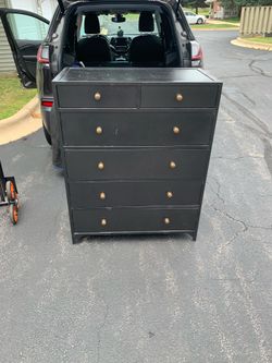 Black 6-Drawer Tall Dresser with Gold Knobs used as toolbox 44h 19d 36 long