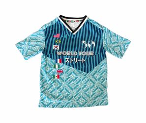Blue and white geometric patterned kids soccer jersey size xs