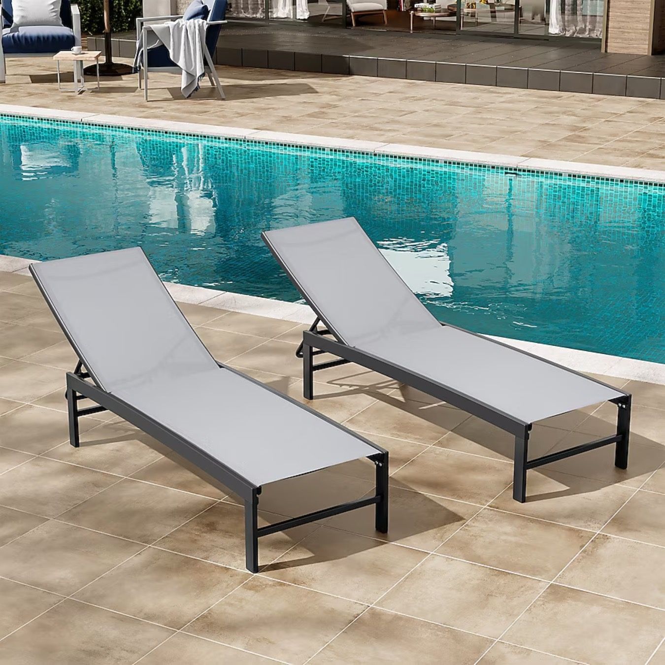 Set of 2 Outdoor Patio Adjustable Chaise Lounge Chair Aluminum Aluminum Frame Stationary Chaise Lounge Chair with Beige Textilene Sling Seat