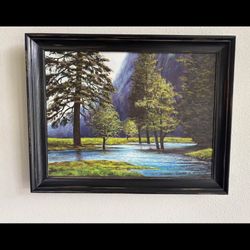 Framed Oil Painting Of River And Trees 