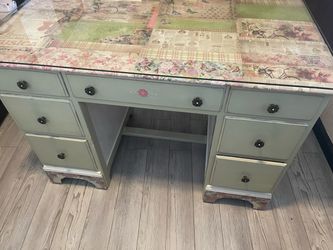 Upcycled Sage Green Pedestal Desk with Glass Top measures 44 1/2 wide and length 24 inches