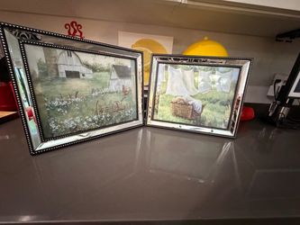 Set of 2 Rustic Farmhouse Framed Prints with Mirrored Beaded Frames