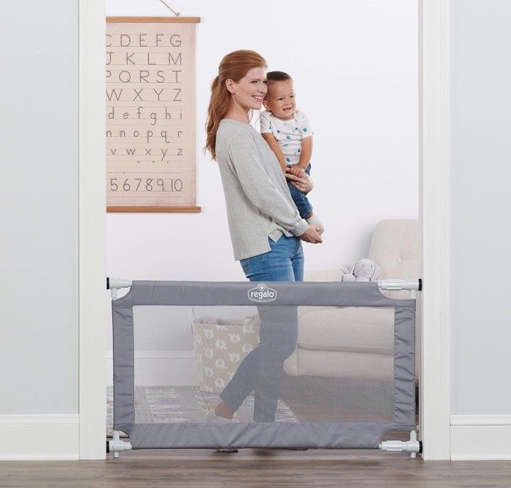 Regalo 50" Extra Wide Gray Expandable Mesh Gate, Pressure Mounted, Includes Rubber Bumpers to Protect Walls