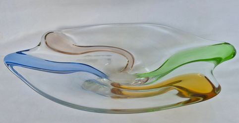 Large MCM Czech Bohemian Art Glass Multicolor Centerpiece Bowl Measuring 18" Inches