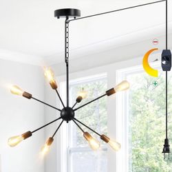 DIMMABLE Modern Sputnik Chandelier 26.3" Light Fixture, Plug in Black 8-Lights Pendant Light
