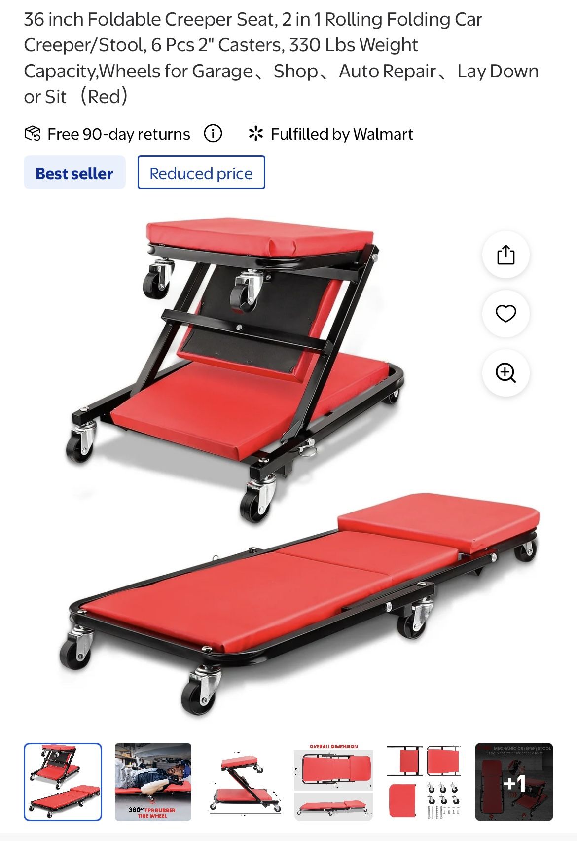36 inch Foldable Creeper Seat, 2 in 1 Rolling Folding Car Creeper/Stool, 6 Pcs 2" Casters, 330 Lbs Weight Capacity,Wheels for Garage、Shop、Auto Repair、