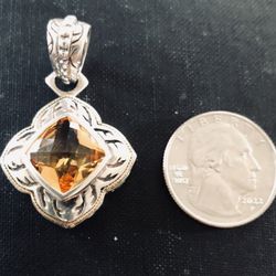 Beautiful Sterling Silver Citrine Stone Pendant/Charm-Looks like a cross in the middle.  