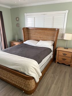 Queen Tommy Bahama bed and 2 two nightstands