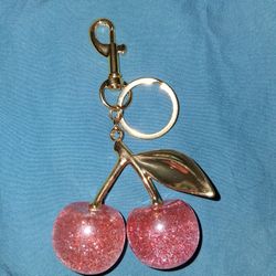 NEW PINK GLITTERY CHERRY KEYCHAIN , BAG CHARM.  LARGE!