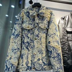 Louis Vuitton Louis Vuitton LV Destroyed Floral Rose Jacquard Heavy Washed Tassel Denim Jacket Jacket XL