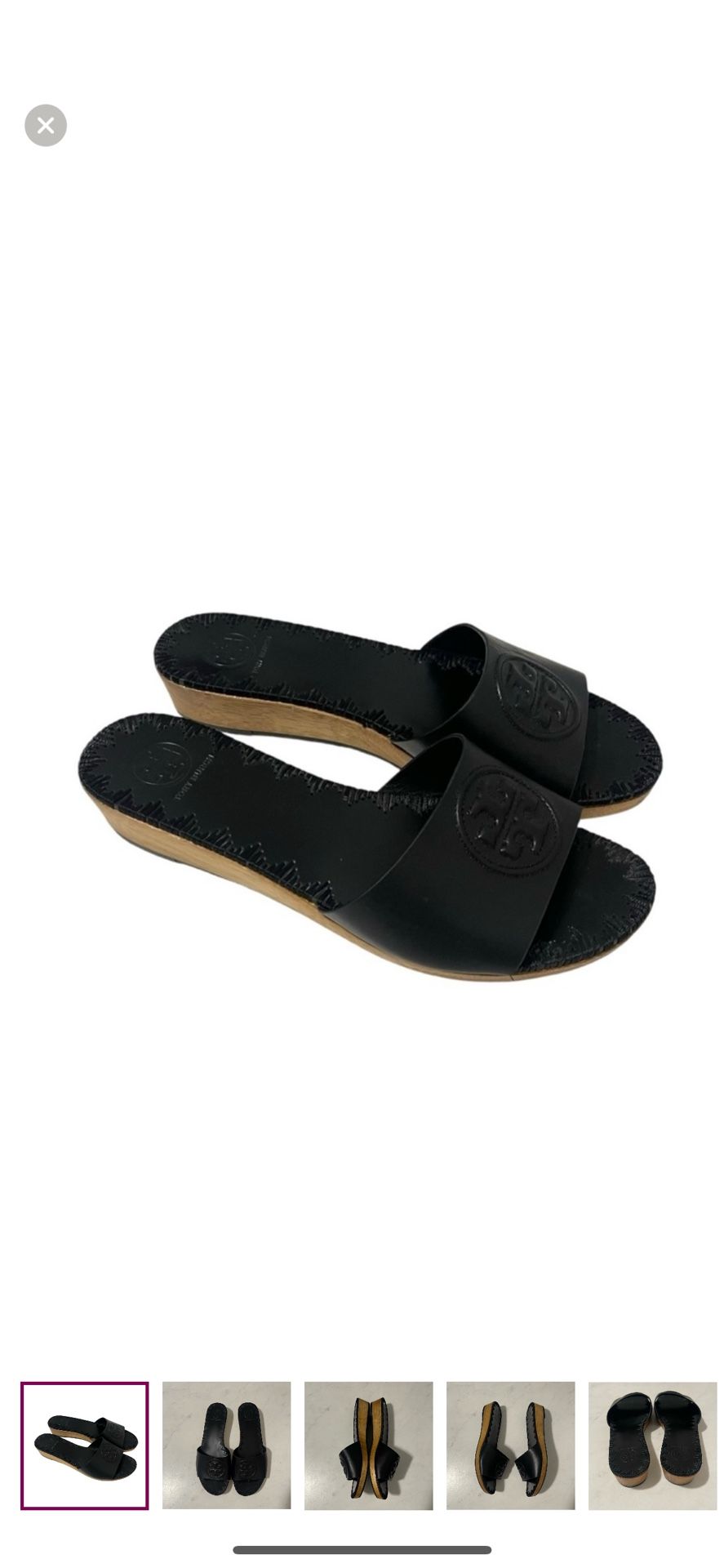 Tory Burch Aerin Black Leather Wooden Wedge Platform Slide Sandals Size 6.5