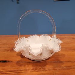 Fenton Silvercrest Vintage Art Glass Hand Painted Violets Hand Basket w/ Handle