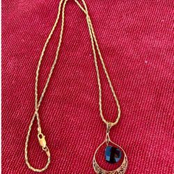 Vintage 925 Solid Silver Necklace And Black Onyx Pendant 24" Necklace Gold Washed 