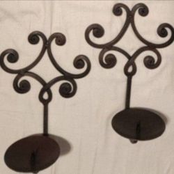 Set Of 2  Vintage Wall Mount Iron Metal Pillar Candle Holder Sconces 
