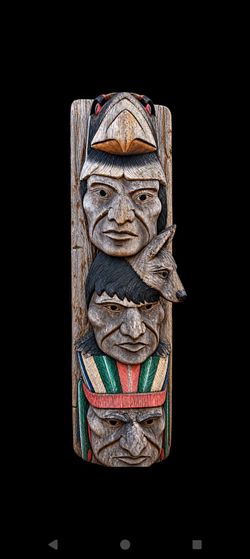 Hand-Carved Wooden Totem Pole Plaque