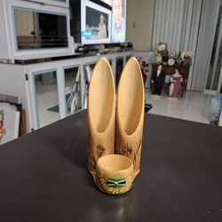 Hand Carved Bamboo Desk Organizer With Jamaican Flag 7.75"H X 3.75"W