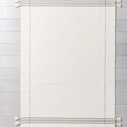 🐺R60#2 $70 5'x 7' Simple Borde Stripe with Corner Tassel Rug White/Gray -Hearth & Hand with Magnolia 
