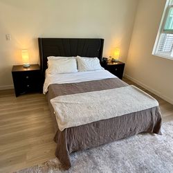 Queen bed frame, mattress, and nightstands