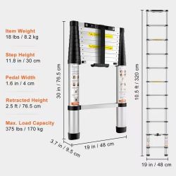 182#Telescoping Ladder, 10.5 FT Aluminum One-button Retraction Collapsible Extension Ladder, 375 LBS Capacity with Non-slip Feet, Portable Multi-purpo