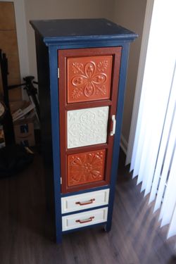 Sedona Shabby Chic 4’ Tall Orange Blue White Cabinet Shelf With Tin Door And 2 Drawers