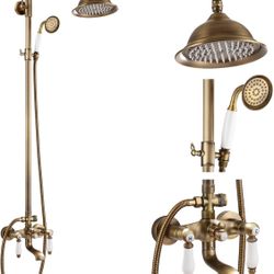 gotonovo Antique Brass Shower Faucet 8-inch Luxury Shower Head Fixture with Handheld Spray Double Lever Handle Bathtub Spout Triple Function Bathroom 