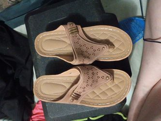 Women's Tan Laser-Cut Thong Sandals