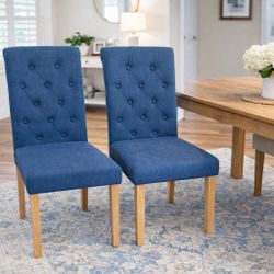 Modern Blue Tufted Dining Chairs (Set of 2)  Price $100 (open to reasonable offers)  Description Beautiful modern dining chairs with deep blue upholst