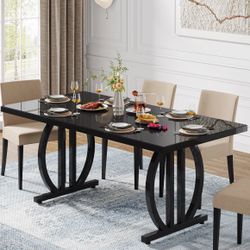 Black Dining Table for 4-6 - Modern Double Pedestal Base