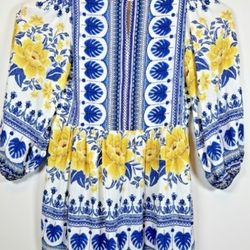 Farm Rio Blue Azulina Print Large V-Neck Balloon Sleeve Short Dress Monstera