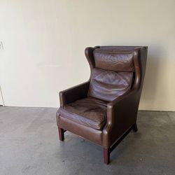 Mid Century Danish Leather Wingback Lounge Chair in the Style of Børge Mogensen 1960s