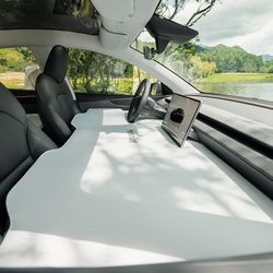 FlatCore First-Row Foam Mattress for Tesla Model Y/Y L, Front Cabin Car Mattress with Built-in Pump, Custom Leveling Support, Extra Rest Space for Cam