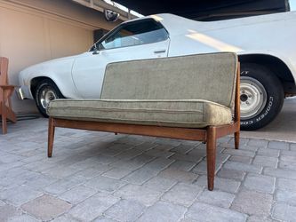 Vintage Swedish Mid-Century Modern Spindle-Back Loveseat – Solid Wood – Refinished – $1295