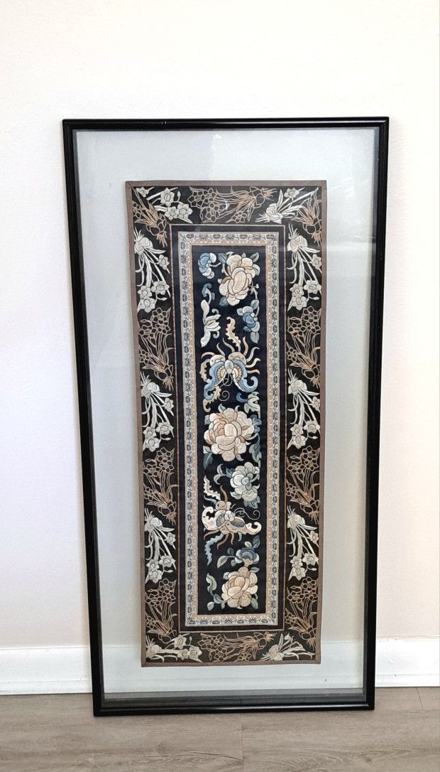 Chinese Silk Embroidered Tapestry Panel W/Butterfly & Floral Motifs Framed Antiq