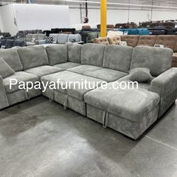 Plush 120” Large Sectional Sofa With Pull-out Bed,Corduroy Sectional, Plush Sectional Sofa Bed With Storage And USB Port, Sleeper Sofa, Sofabed, Couch