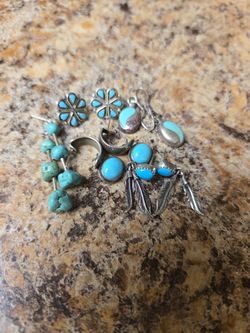 Turquoise  Sterling Earrings. 5 Pair Vintage