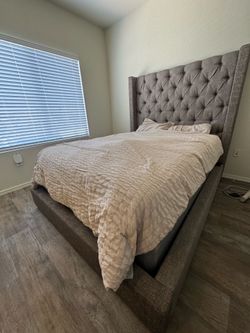 Queen Size Gray Upholstered Bed Frame with Tall Tufted Headboard