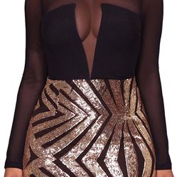 Sexy Sheer Bodycon Long Sleeve Sequined Black &  Gold Dress Size Small