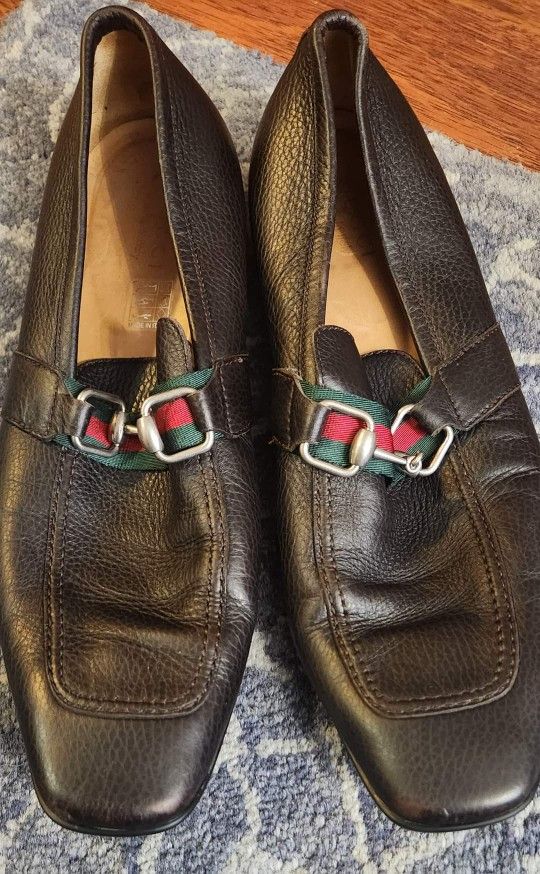 GUCCI Brown Leather Loafers Horsbit with Red Green Ribbon Shoes