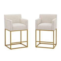 26 in.Beige and Gold Low Back Bar Stool with Metal Frame Counter Height Linen Upholstered Counter Stool, Set of 1 (2chairs) Color: Linen Color-gold (f